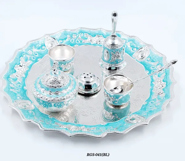 German_Silver_Turquoise_Blue_Enamel_Embossed_Pooja_Thali_Set_With_Small_Agarbatti_Stand_And_Bell
