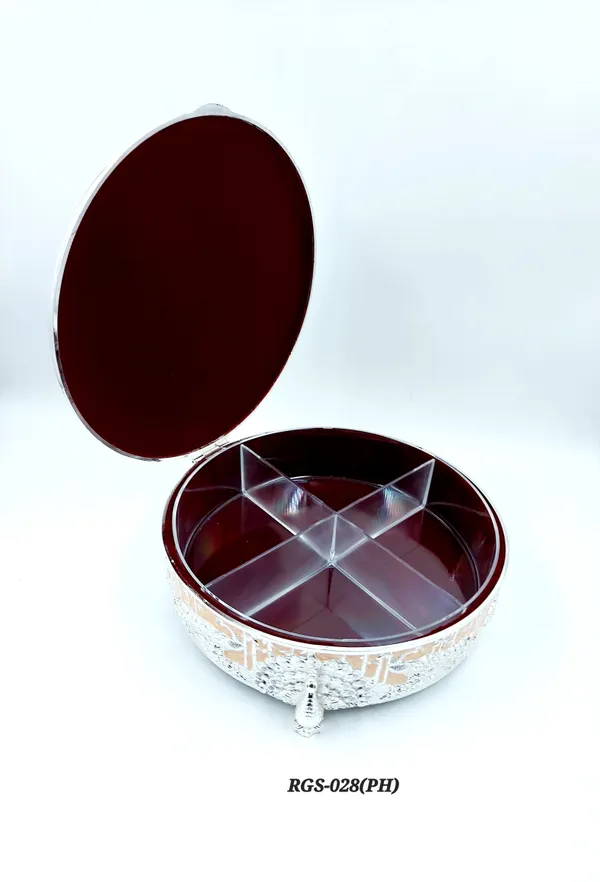 German_Silver_Peach_Enamel__Traditional_Peacock_Embossed_Round_Dry_Fruit_Box