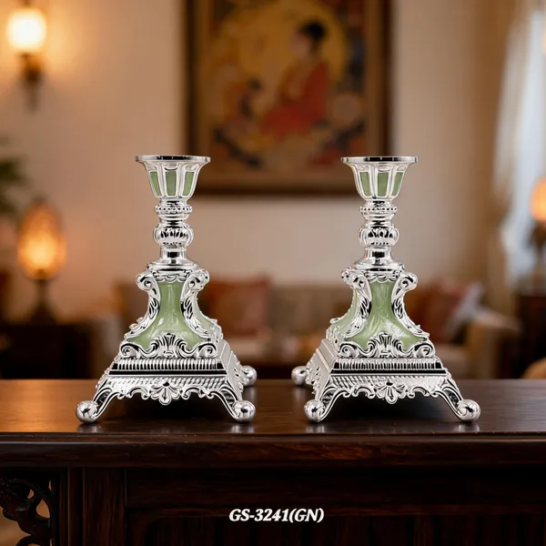 German_Silver_Green_Enamel_Victorian_Ornate_Candlestick_Stand_Set_Of_2