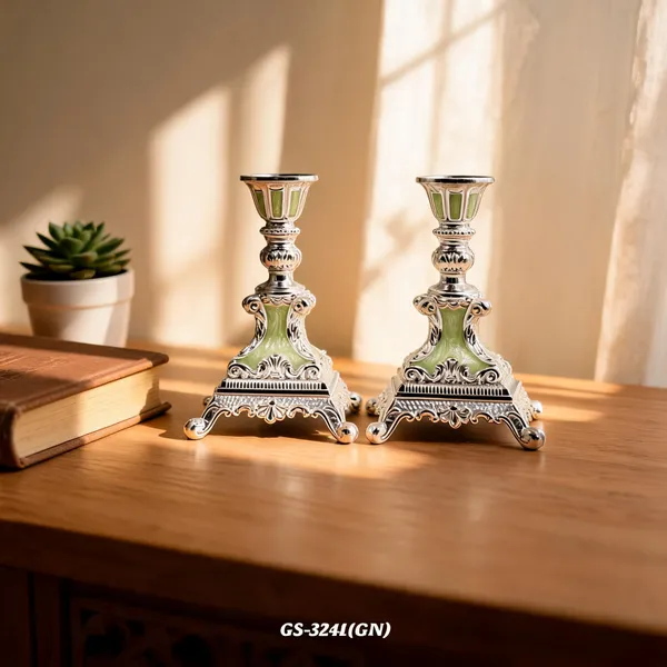 German_Silver_Green_Enamel_Victorian_Ornate_Candlestick_Stand_Set_Of_2