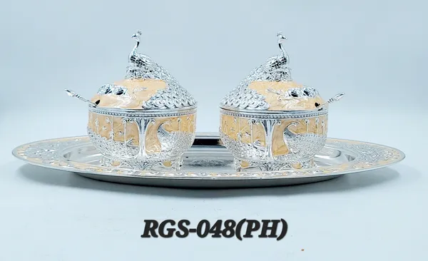 German_Silver_Peach_2_Sugar_Pot_Peacock_Candy_Tray_Set
