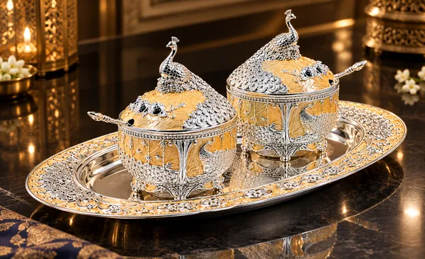 German_Silver_Peach_2_Sugar_Pot_Peacock_Candy_Tray_Set