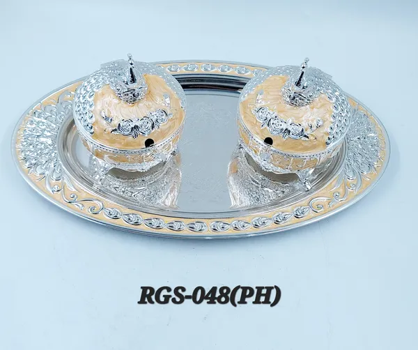 German_Silver_Peach_2_Sugar_Pot_Peacock_Candy_Tray_Set