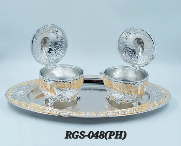 German_Silver_Peach_2_Sugar_Pot_Peacock_Candy_Tray_Set