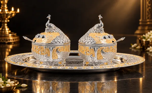 German_Silver_Peach_2_Sugar_Pot_Peacock_Candy_Tray_Set
