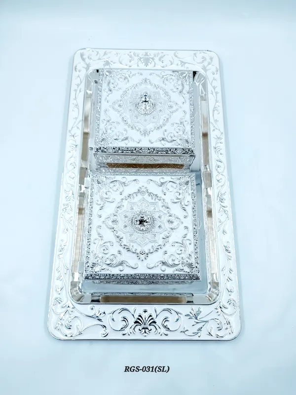 German_Silver_Embossed_Floral_Dual_Compartment_Dry_Fruit_Box_With_Tray