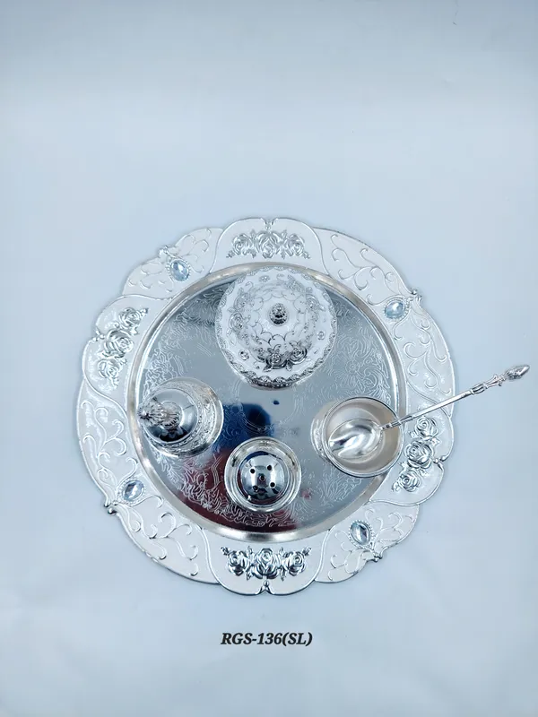 German_Silver_Embossed_Floral_Pooja_Thali_Set_With_Bell
