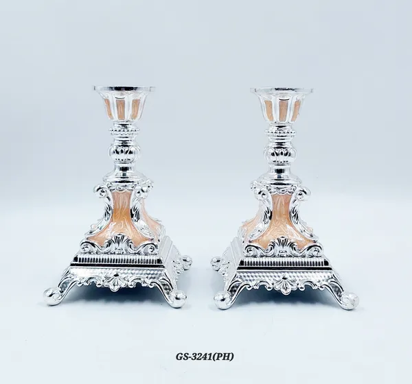 German_Silver_Peach_Enamel_Victorian_Ornate_Candle_Stand_Set_Of_2