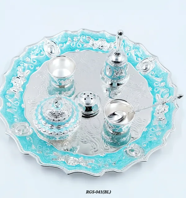 German_Silver_Turquoise_Blue_Enamel_Embossed_Pooja_Thali_Set_With_Small_Agarbatti_Stand_And_Bell