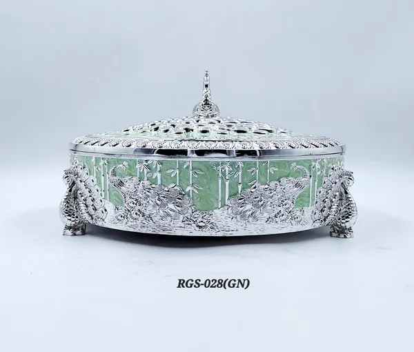 German_Silver_Green_Enamel__Traditional_Peacock_Embossed_Round_Dry_Fruit_Box