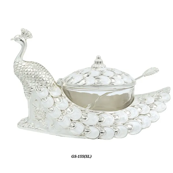 German_Silver_Enamel_Peacock_Decorative_Candy_Serving_Bowl_With_Lid_Spoon