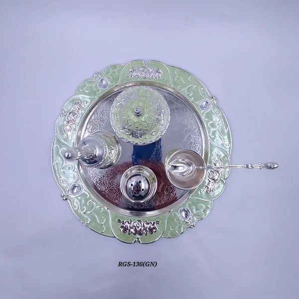 German_Silver_Floral_Engraved_Pooja_Thali_Set_With_Bell