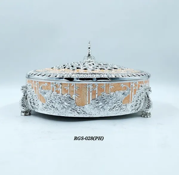German_Silver_Peach_Enamel__Traditional_Peacock_Embossed_Round_Dry_Fruit_Box
