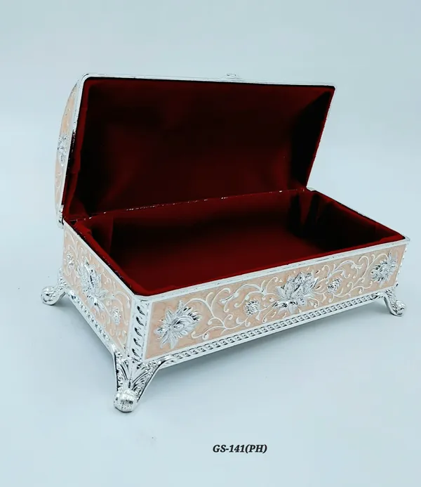 German_Silver_Peach_Enamel_Floral_Decorative_Jewelry_Box