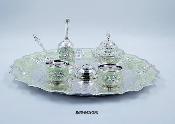 German_Silver_Green_Enamel_Embossed_Pooja_Thali_Set_With_Small_Agarbatti_Stand_And_Bell