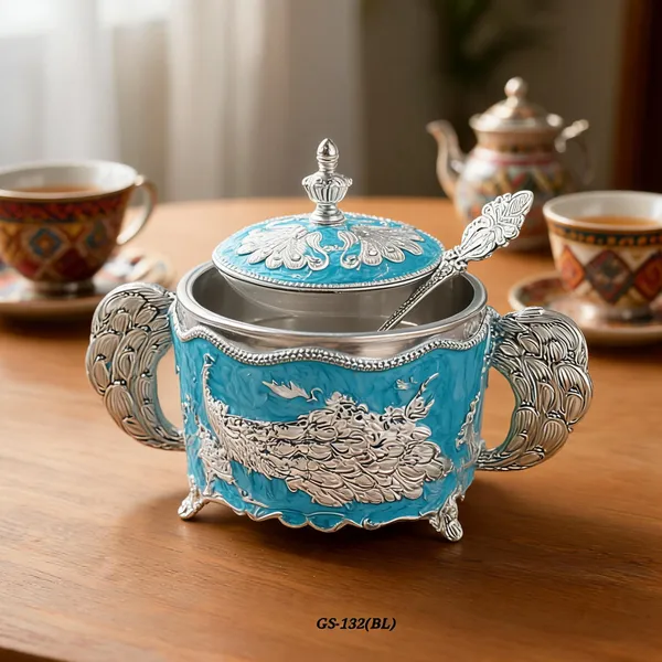German_Silver_Turquoise_Blue_Enamel_Peacock_Sugar_Candy_Bowl_With_Spoon