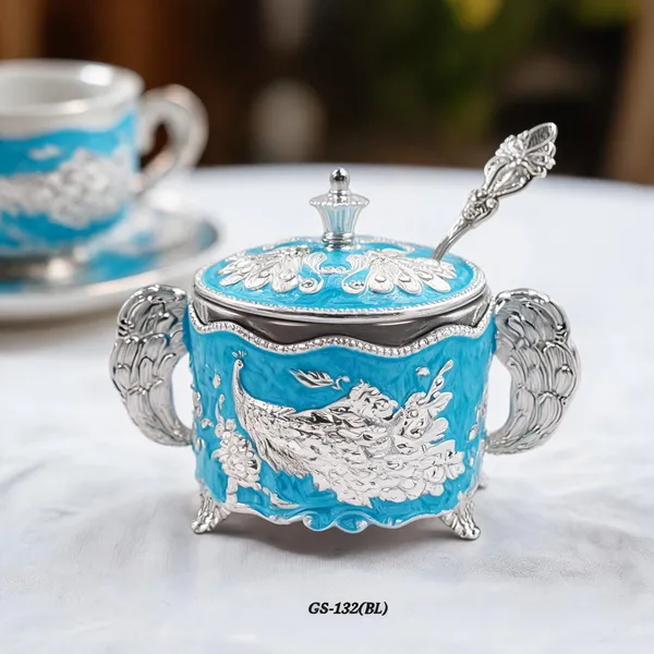 German_Silver_Turquoise_Blue_Enamel_Peacock_Sugar_Candy_Bowl_With_Spoon