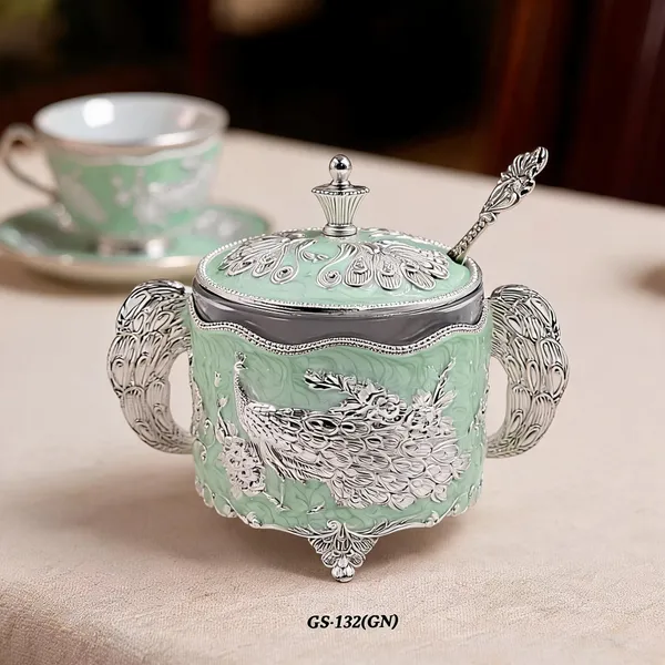 German_Silver_Mint_Green_Enamel_Peacock_Sugar_Candy_Bowl_With_Spoon