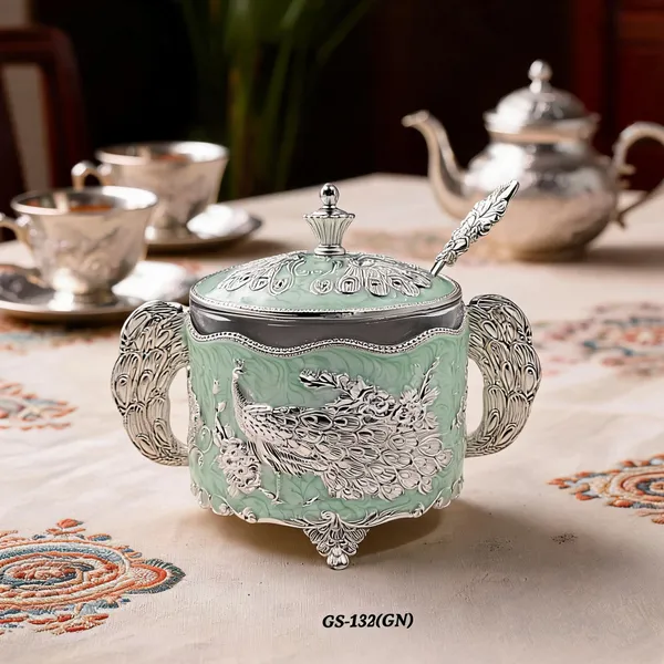 German_Silver_Mint_Green_Enamel_Peacock_Sugar_Candy_Bowl_With_Spoon