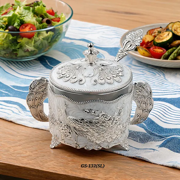 German_Silver_Enamel_Peacock_Embossed_Sugar_Candy_Serving_Bowl