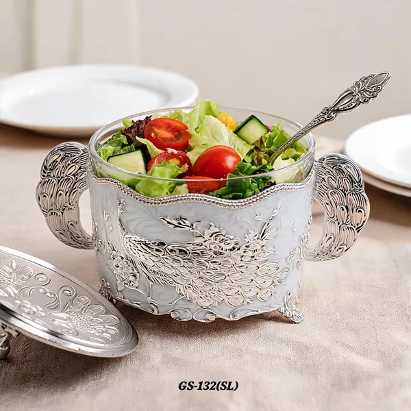 German_Silver_Enamel_Peacock_Embossed_Sugar_Candy_Serving_Bowl