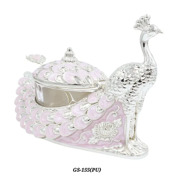 German_Silver_Pink_Enamel_Peacock_Decorative_Candy_Serving_Bowl_With_Lid