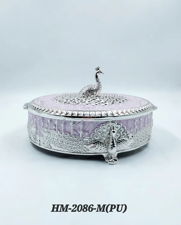 German_Silver_Lavender_Enamel_Traditional_Peacock_Embossed_Medium_Size_Round_Dry_Fruit_Box