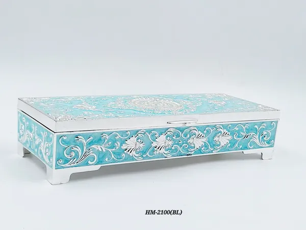 German_Silver_Turquoise_Blue_Enamel_Floral_Engraved_Jewelry_And_Dry_Fruit_Storage_Box