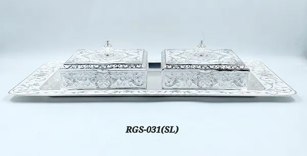 German_Silver_Embossed_Floral_Dual_Compartment_Dry_Fruit_Box_With_Tray