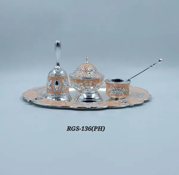 German_Silver_peach_Two_Tone_Embossed_Pooja_Thali_Set