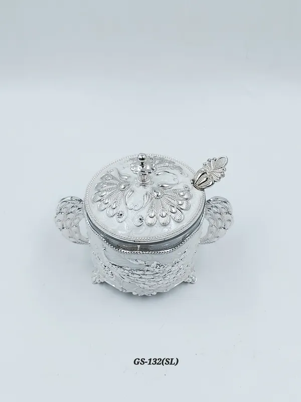 German_Silver_Enamel_Peacock_Embossed_Sugar_Candy_Serving_Bowl