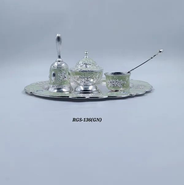 German_Silver_Floral_Engraved_Pooja_Thali_Set_With_Bell