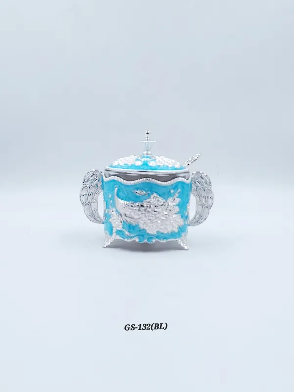 German_Silver_Turquoise_Blue_Enamel_Peacock_Sugar_Candy_Bowl_With_Spoon