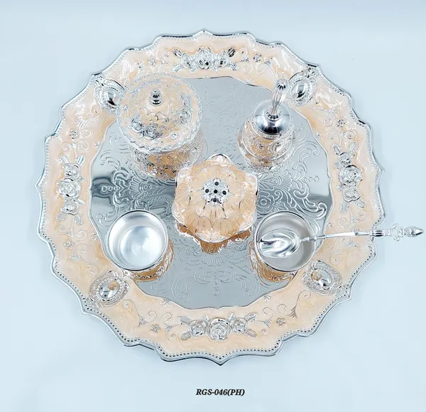 German_Silver_Peach_Enamel_Embossed_Pooja_Thali_Set_With_Large_Lotus_Agarbatti_Stand_And_Bell
