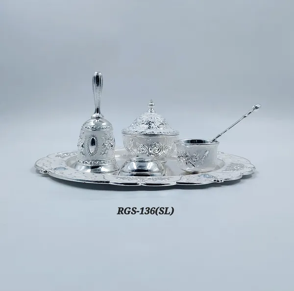 German_Silver_Embossed_Floral_Pooja_Thali_Set_With_Bell