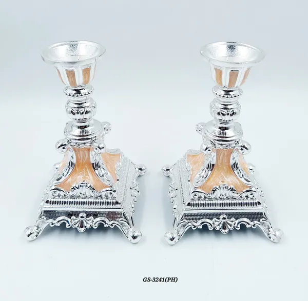 German_Silver_Peach_Enamel_Victorian_Ornate_Candle_Stand_Set_Of_2