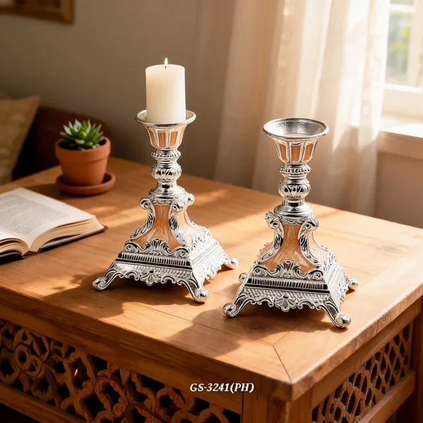 German_Silver_Peach_Enamel_Victorian_Ornate_Candle_Stand_Set_Of_2
