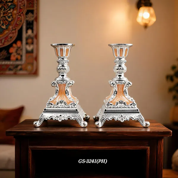 German_Silver_Peach_Enamel_Victorian_Ornate_Candle_Stand_Set_Of_2