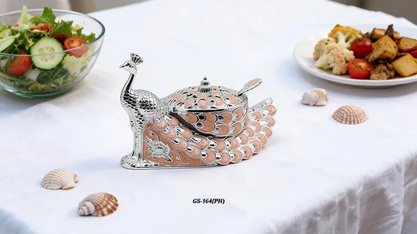 German_Silver_Peach_Enamel_Peacock_Decorative_Candy_Serving_Bowl
