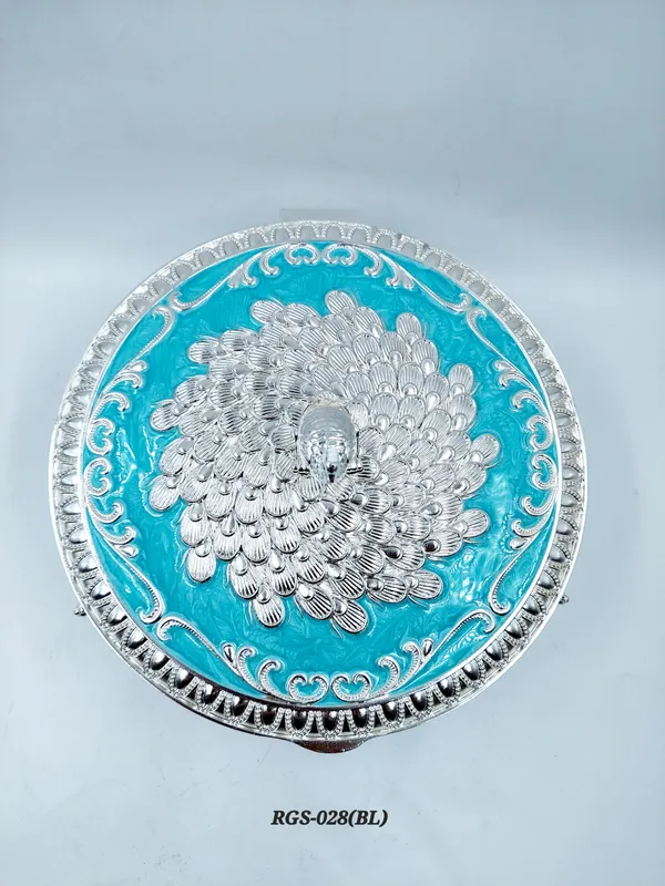 German_Silver_Turquoise_Blue_Enamel_Peacock_Design_4_Compartment_Dry_Fruit_Box
