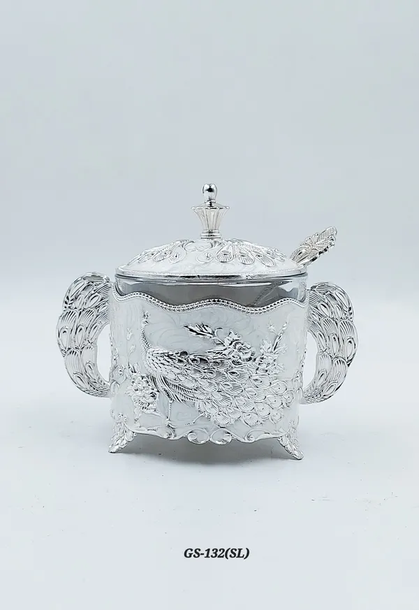 German_Silver_Enamel_Peacock_Embossed_Sugar_Candy_Serving_Bowl
