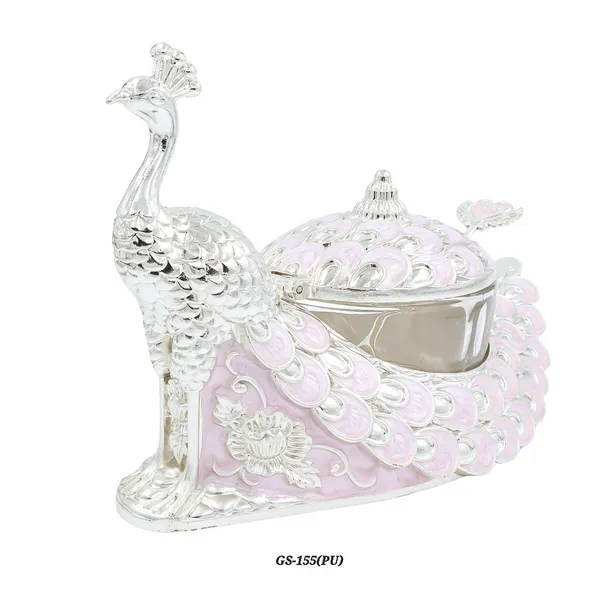 German_Silver_Pink_Enamel_Peacock_Decorative_Candy_Serving_Bowl_With_Lid
