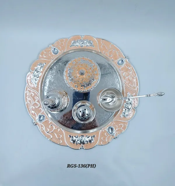 German_Silver_peach_Two_Tone_Embossed_Pooja_Thali_Set