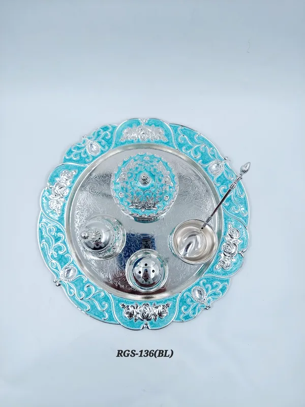 German_Silver_Turquoise_Blue_Enamel_Floral_Pooja_Thali_Set