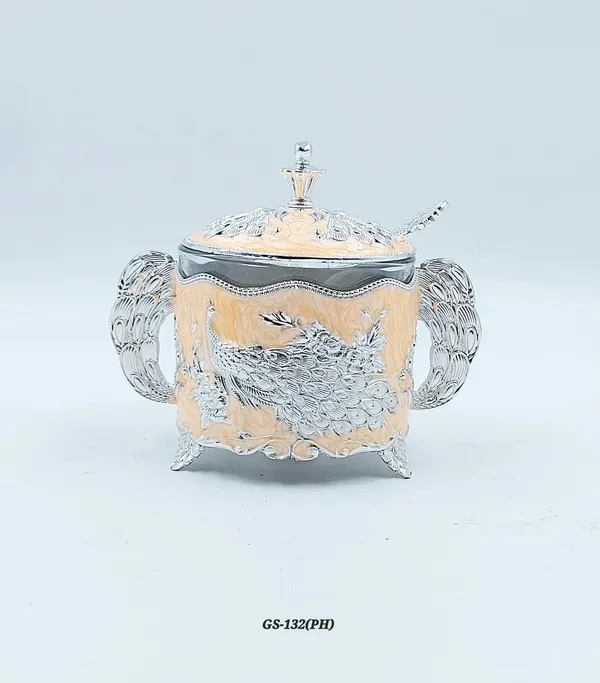 German_Silver_Enamel_Peacock_Sugar_Candy_Bowl__Peach_Silver