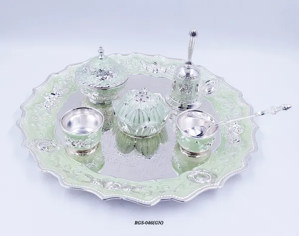 German_Silver_Green_Enamel_Embossed_Pooja_Thali_Set_With_Large_Lotus_Agarbatti_Stand_And_Bell