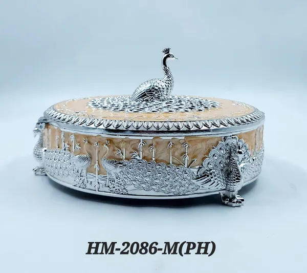 German_Silver_Peach_Enamel_Traditional_Peacock_Embossed_Medium_Size_Round_Dry_Fruit_Box