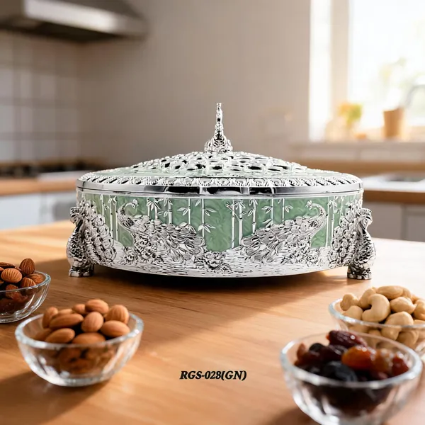 German_Silver_Green_Enamel__Traditional_Peacock_Embossed_Round_Dry_Fruit_Box