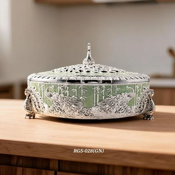 German_Silver_Green_Enamel__Traditional_Peacock_Embossed_Round_Dry_Fruit_Box