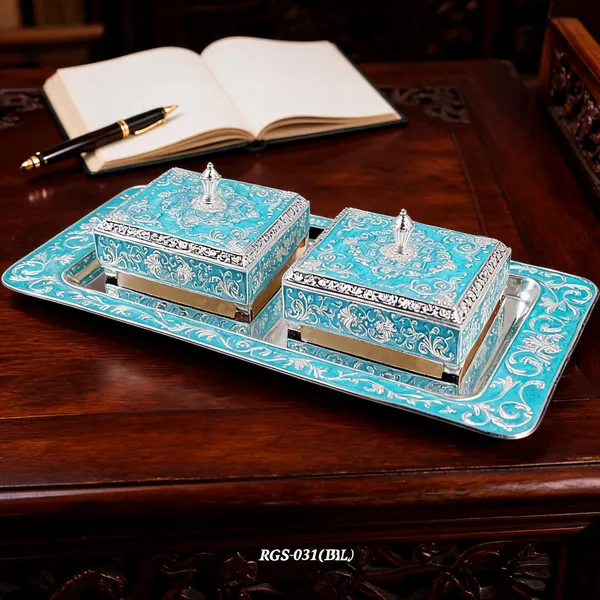 German_Silver_Turquoise_Blue_Meenakari_Floral_Double_Dry_Fruit_Box_Set